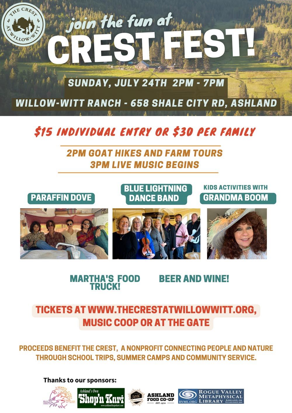 Crest Fest 2022 - Sunday, July 24th, 2-7pm at Willow-Witt Ranch with goat hiking, farm tours, live music, food, beer, wine