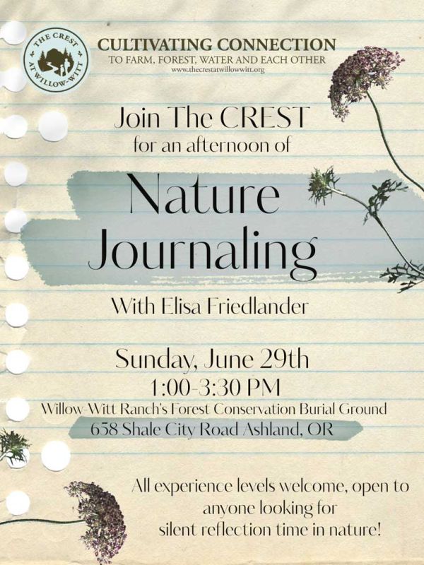 ad for Nature Journaling workshop with Elisa Friedlander at The Crest on Sunday, June 29, 2025