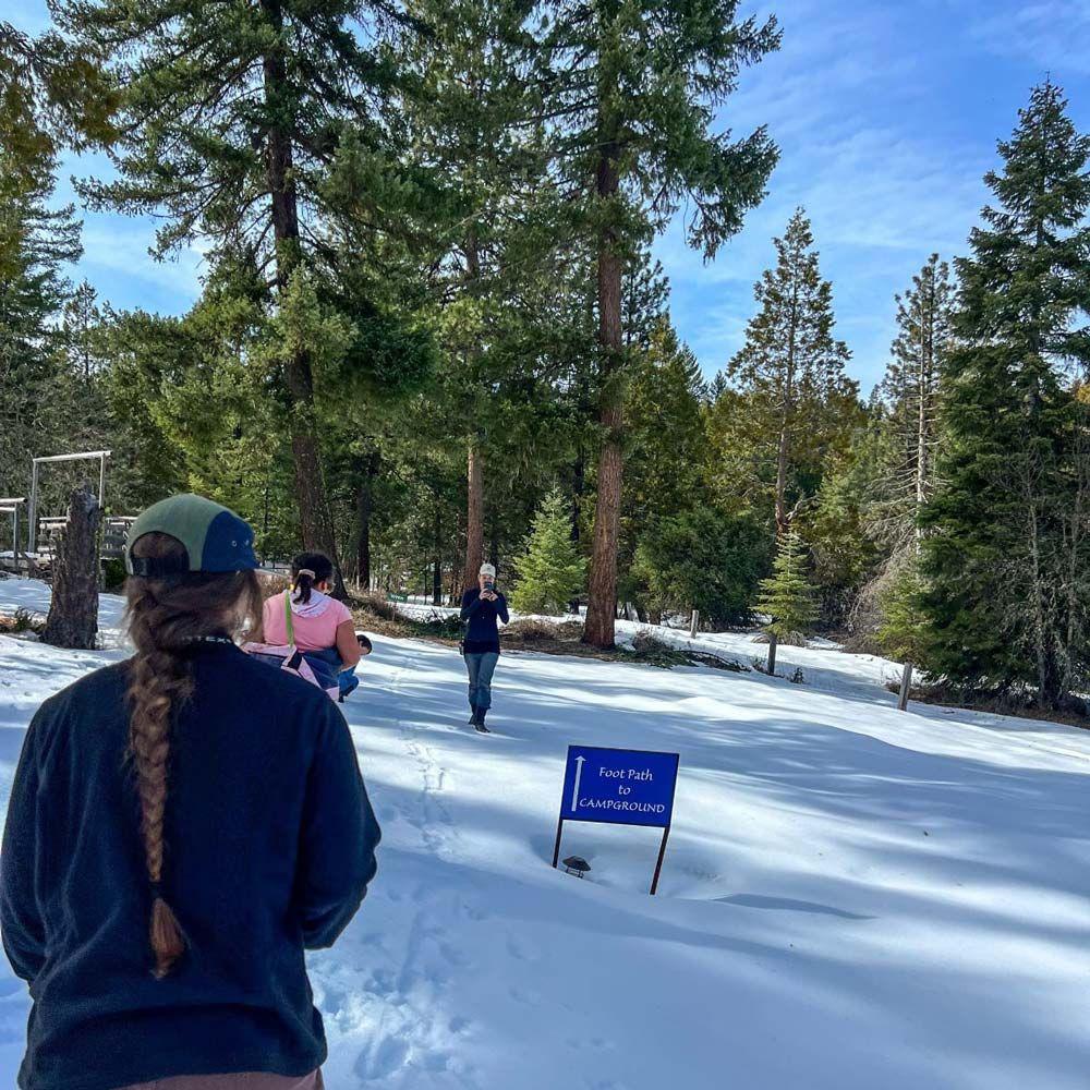 Winter Footprints Program participants search for tracks in the snow on the path to the campground