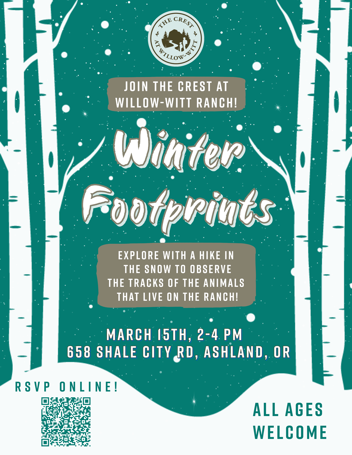 Winter Footprints hike event for all ages at The Crest at Willow-Witt Ranch March 15, 2026