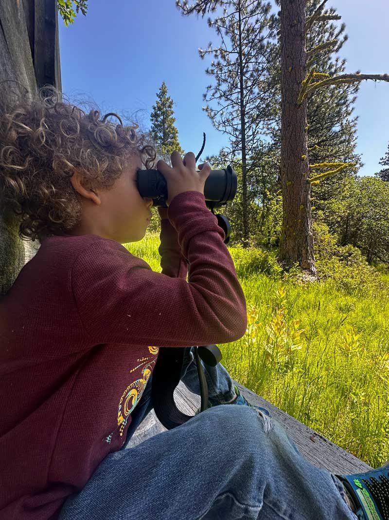Student looks through binoculars for Western Pond Turtles and birds