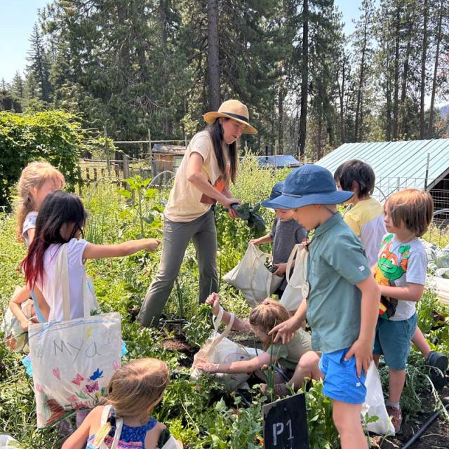 Education Director Liz with children gathering garden produce
