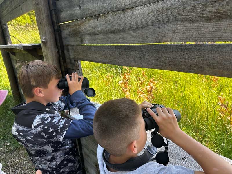 Nature Day Campers behind Turtle Blind looks through binoculars for turtles