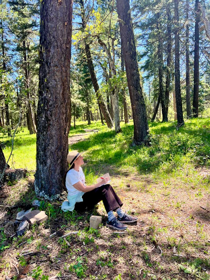 Elisa Friedlander, LMFT and founder of Ink to Insight sits against a tree in the woods while journaling
