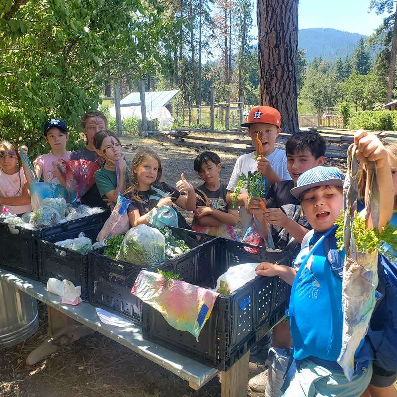 Nature Day Camp students fill their hand painted bags with garden produce