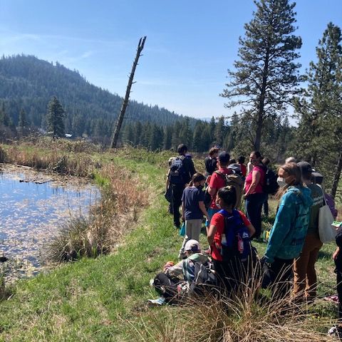 outdoor school group explores the pond