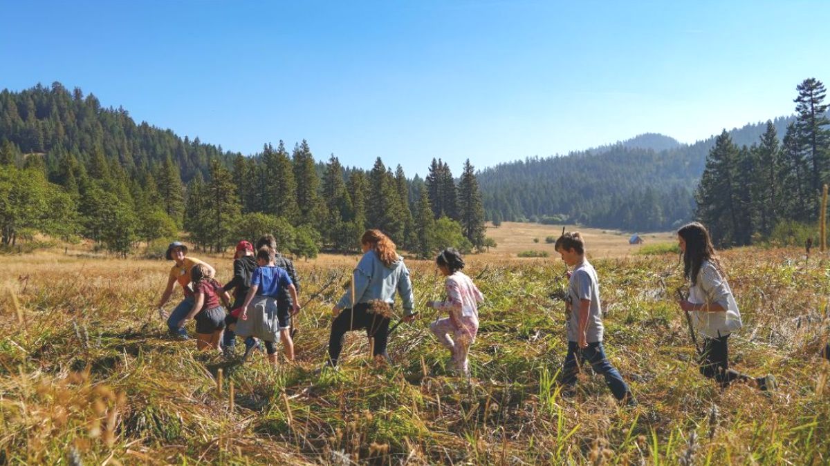 Outdoor School students walking through Willow-Witt Ranch meadow