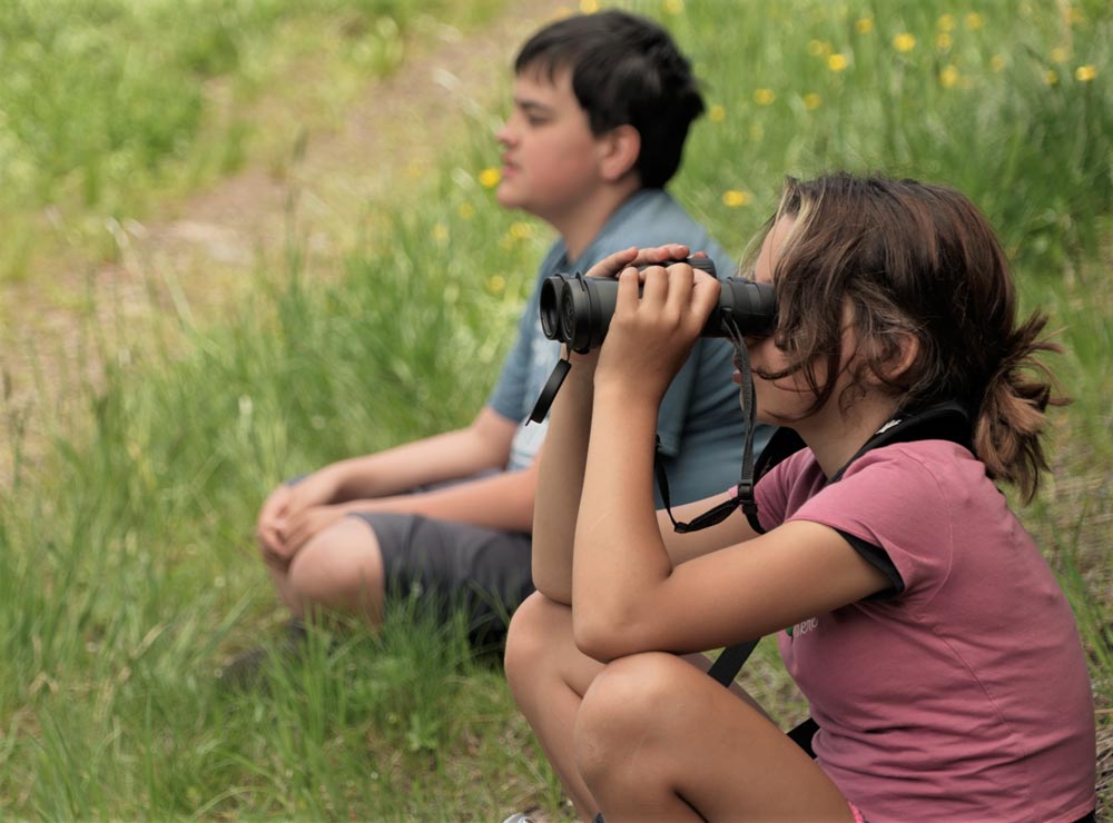 outdoor school students watching wildlife with binoculars