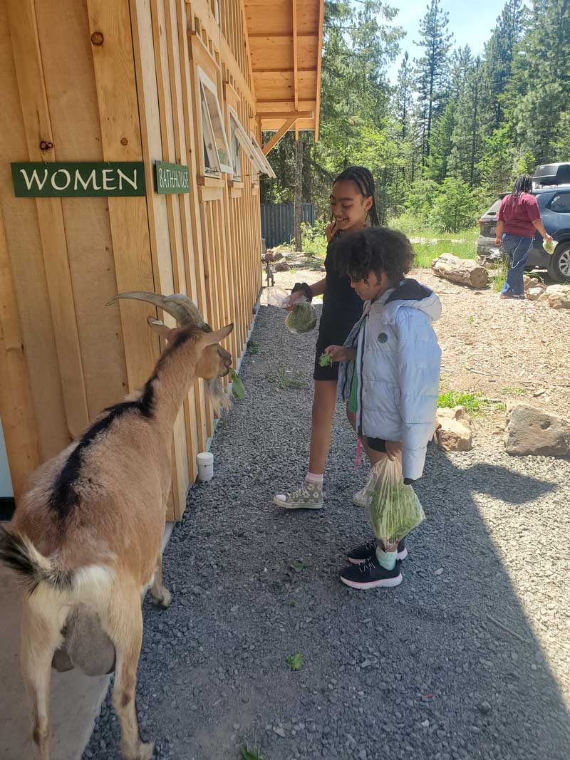 two students with large alpine goat outside of the bath house