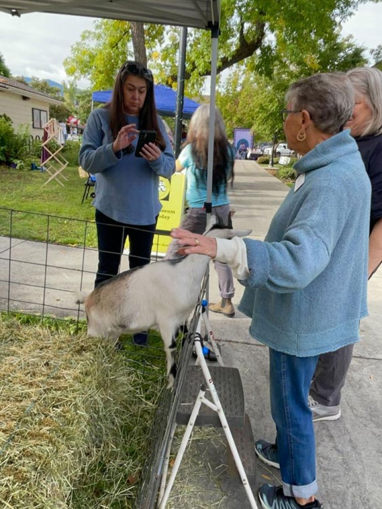 Suzanne Willow with goat at The Crest booth at Talent Harvest Festival